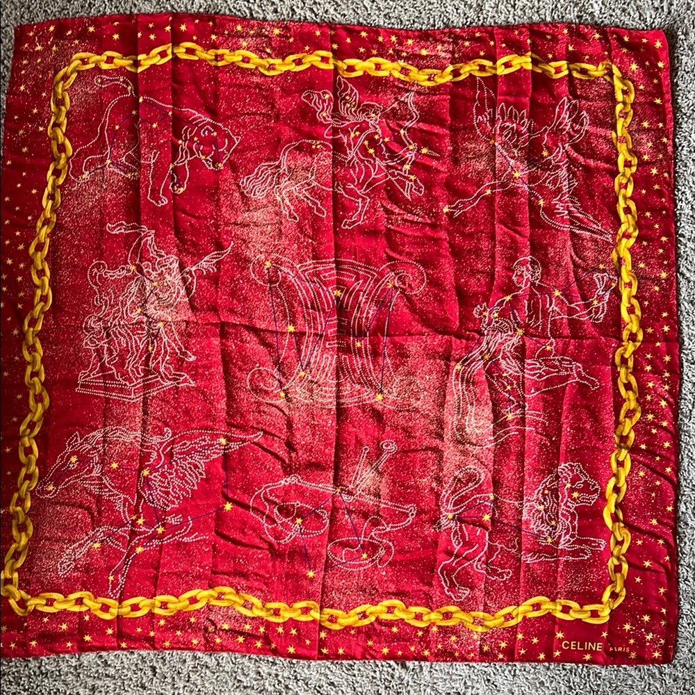 Celine Vintage Celestial 100% Silk Twill Red Scarf with Gold Chain Motif